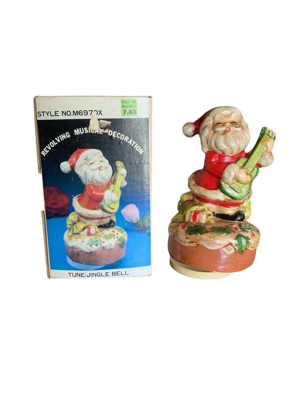 Vintage Christmas Santa Claus Musical Guitar Revolving Jingle Bells 7in Figurine